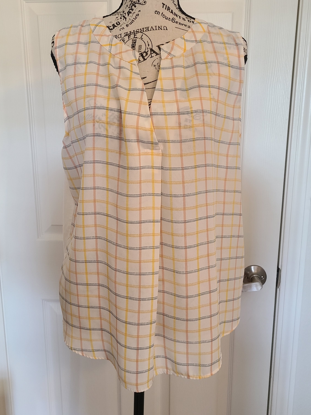 LOFT Yellow and White Plaid Sleeveless V-Neck Blouse